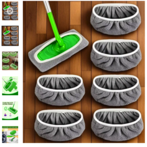 Almohadillas de mopa reutilizables de fibra ultrafina Set de 4 almohadillas de fregona reutilizables de microfibra de color gris junto a una mopa verde sobre suelo de madera.