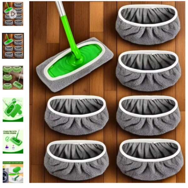 Almohadillas de mopa reutilizables de fibra ultrafina Set de 4 almohadillas de fregona reutilizables de microfibra de color gris junto a una mopa verde sobre suelo de madera.