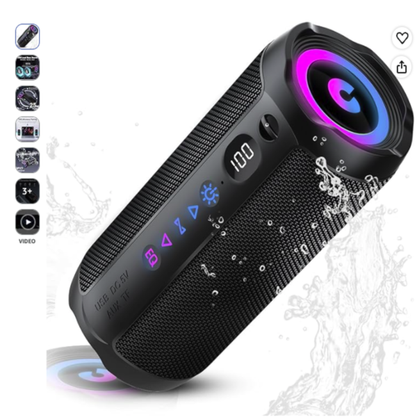 Altavoz Bluetooth potente 25W coioc impermeable IPX7 Altavoz Bluetooth potente 25W coioc de color negro con luces RGB encendidas y salpicaduras de agua.
