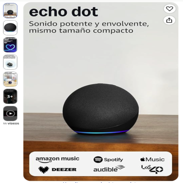Altavoz inteligente Amazon Echo Dot de última generación en color antracita sobre una superficie de madera