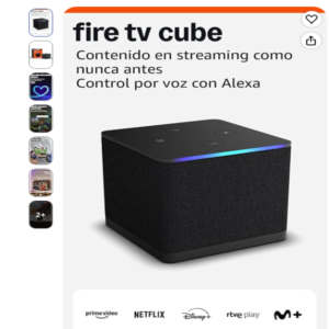 Amazon Fire TV Cube Reproductor Streaming 4K Reproductor de streaming Amazon Fire TV Cube de color negro con la luz azul de Alexa encendida