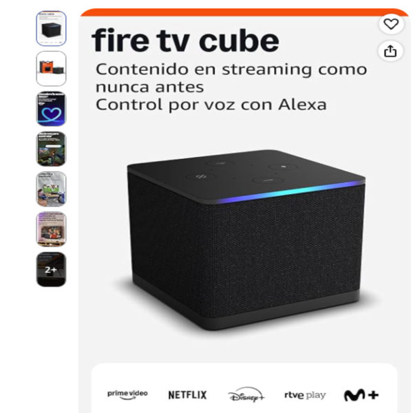 Amazon Fire TV Cube Reproductor Streaming 4K Reproductor de streaming Amazon Fire TV Cube de color negro con la luz azul de Alexa encendida