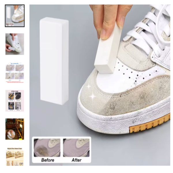 Borrador Zapatillas Oferta Es Bloque de goma blanca borrador mágico limpiando una zapatilla deportiva blanca con zonas grisáceas de suciedad