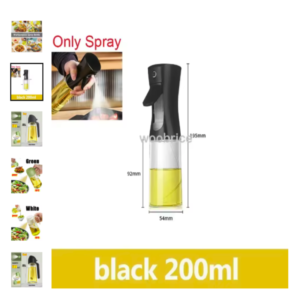 Pulverizador de aceite de cocina Woobrice 200ml Botella pulverizadora de aceite Woobrice de 200ml en color negro rociando aceite sobre comida