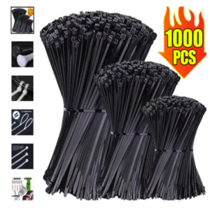 Bridas de Nylon Oferta Es Gran conjunto de bridas de nylon negras auto-bloqueantes para organizar cables con etiqueta de 1000 piezas.