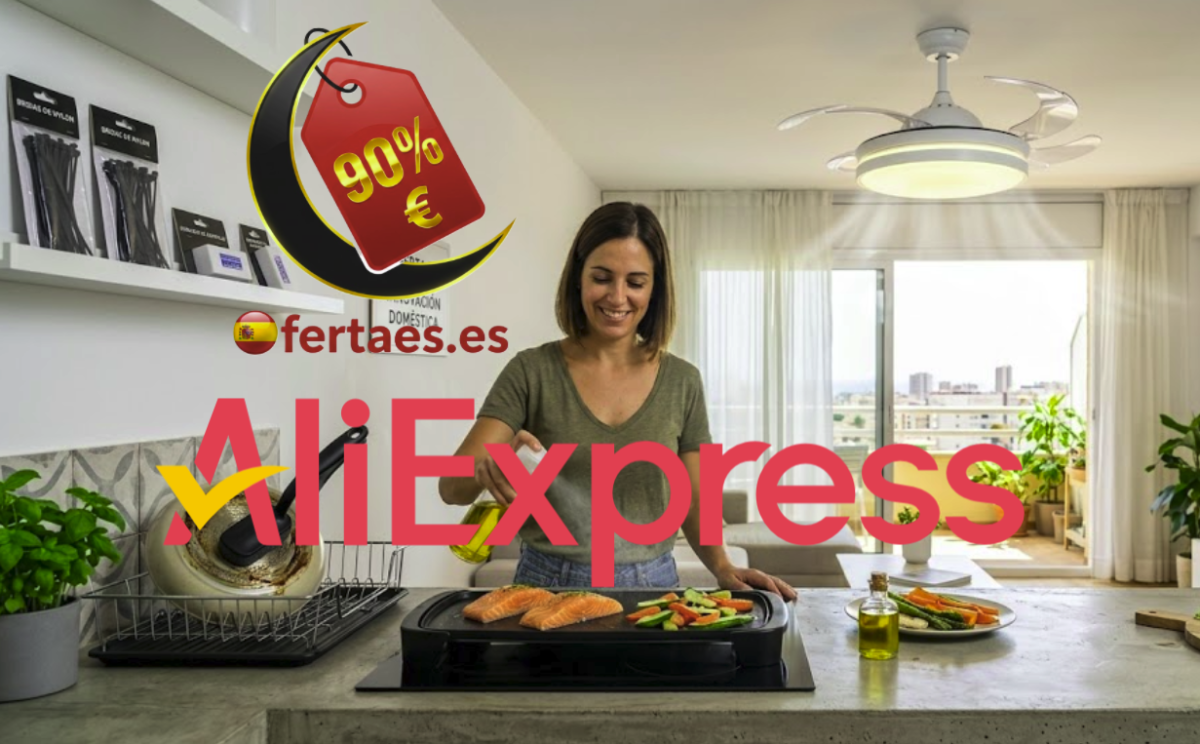 Ofertas de AliExpress España: Chollos de hogar baten récords este verano 1 Cocina española moderna en verano con un ventilador de techo Mikomika encendido, un pulverizador de aceite y sartenes limpias.