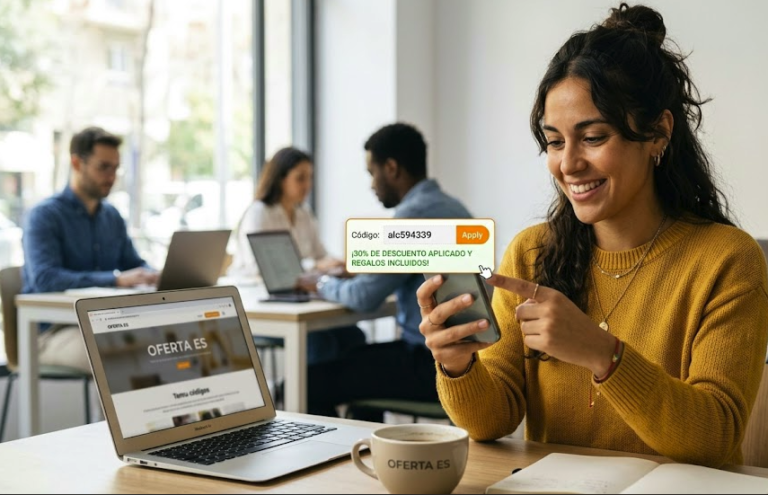 Nuevos códigos de descuento Temu: Ahorra y obtén regalos 10 Una joven feliz utilizando su móvil para activar códigos de descuento de Temu y obtener ofertas exclusivas en OFERTA ES.