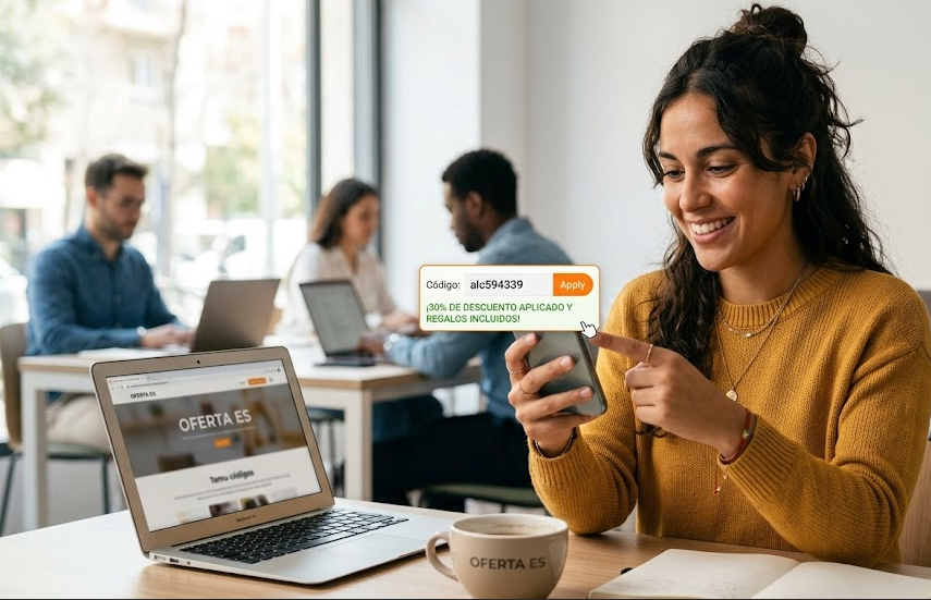Nuevos códigos de descuento Temu: Ahorra y obtén regalos 1 Una joven feliz utilizando su móvil para activar códigos de descuento de Temu y obtener ofertas exclusivas en OFERTA ES.