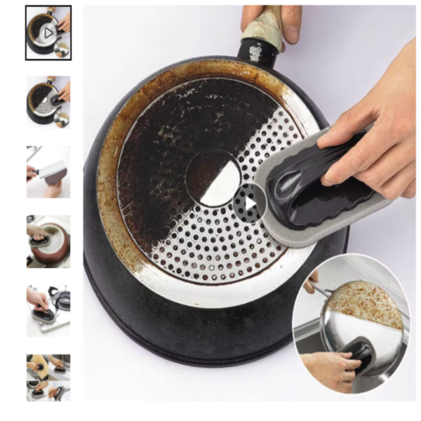 Esponja Magica Emery Oferta Es Esponja mágica Emery de color negro con mango de plástico limpiando el fondo de una sartén con óxido.