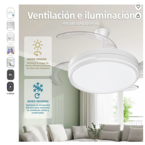 leduni ventilador de techo con luz invisible motor dc LEDUNI ventilador de techo con luz blanca y aspas retractiles desplegadas sobre sofa