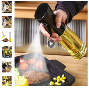 Pulverizador Aceite Oferta Es Mano sosteniendo un pulverizador de aceite de color negro de 300ml rociando carne en una plancha de cocina.
