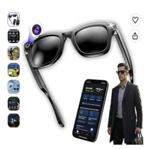 Smartia Gafas de Sol Inteligentes Gafas de sol inteligentes Smartia en color negro junto a un teléfono móvil que muestra su app