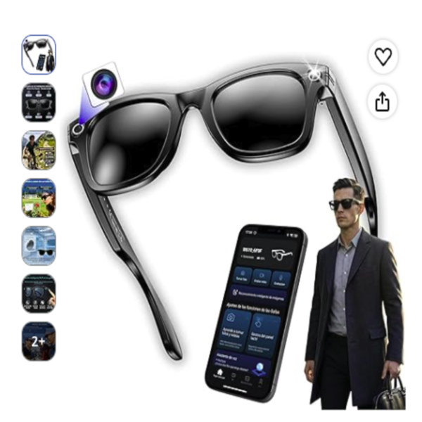 Gafas de sol inteligentes Smartia en color negro junto a un teléfono móvil que muestra su app