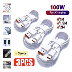 Tres unidades de cable cargador súper rápido USB tipo C en oferta Pack de 3 uds 100W 6A Cable cargador súper rápido USB tipo C blanco