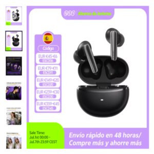QCY MeloBuds N70 ANC Auriculares Inalámbricos Premium Auriculares inalámbricos QCY MeloBuds N70 ANC de color negro con su estuche de carga abierto.