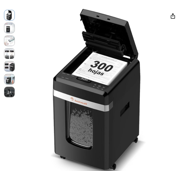 Destructora de papel Bonsaii C291-A automatica con capacidad de 300 hojas abierta