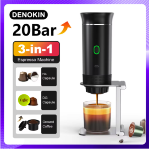 cafetera espresso portátil de viaje DENOKIN 3 en 1 cafetera espresso portátil DENOKIN inalámbrica en color negro sirviendo café con crema en un vaso