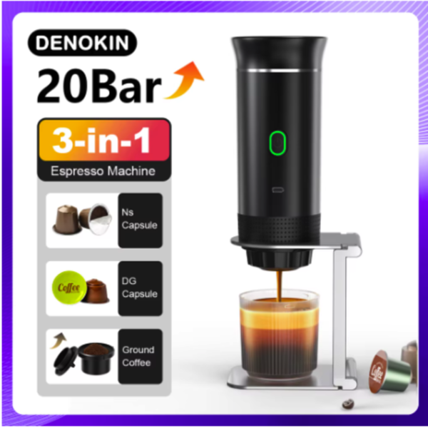 cafetera espresso portátil DENOKIN inalámbrica en color negro sirviendo café con crema en un vaso