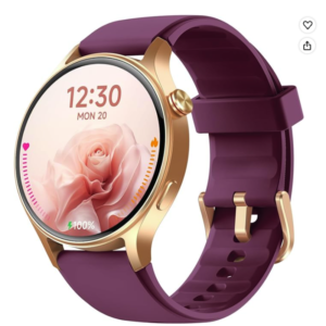 Reloj inteligente para mujer Fitpolo AMOLED Reloj inteligente para mujer Fitpolo con correa violeta y caja dorada mostrando la pantalla principal.