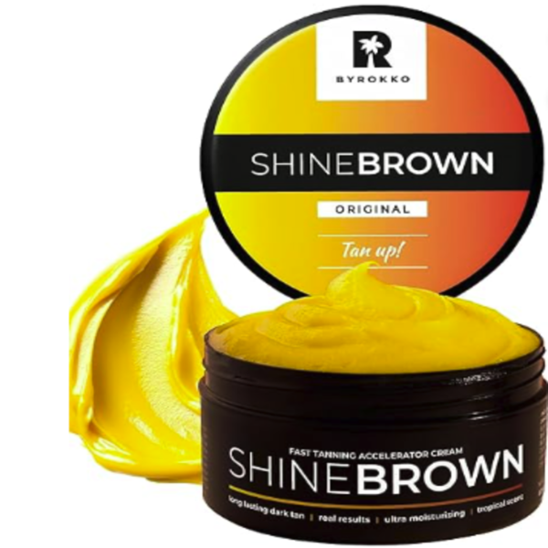 Tarro de crema acelerador del bronceado BYROKKO Shine Brown abierto mostrando su textura amarilla.