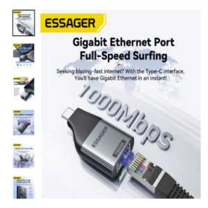 Adaptador Essager tipo C a Ethernet Gigabit de alta velocidad Adaptador Essager tipo C a Ethernet conectado a un ordenador