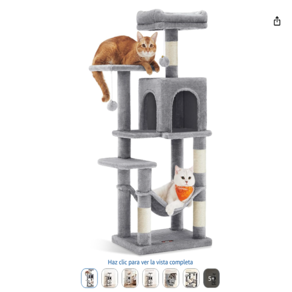 Árbol para gatos Feandrea de 112 cm en gris claro con dos gatos descansando.
