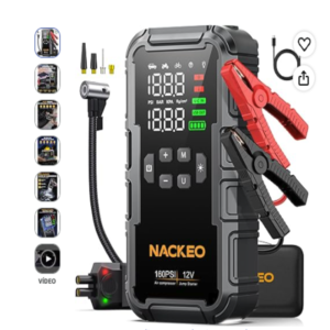 Arrancador de Baterías de Coche NACKEO 8000A Negro y Naranja Arrancador de baterías de coche NACKEO con compresor de aire de 160PSI y pinzas de seguridad