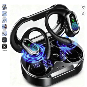 Auriculares inalámbricos bluetooth deportivos Rolosar con estuche digital Auriculares inalámbricos bluetooth deportivos de la marca Rolosar con ganchos de sujeción negros dentro de su estuche de carga con pantalla LED