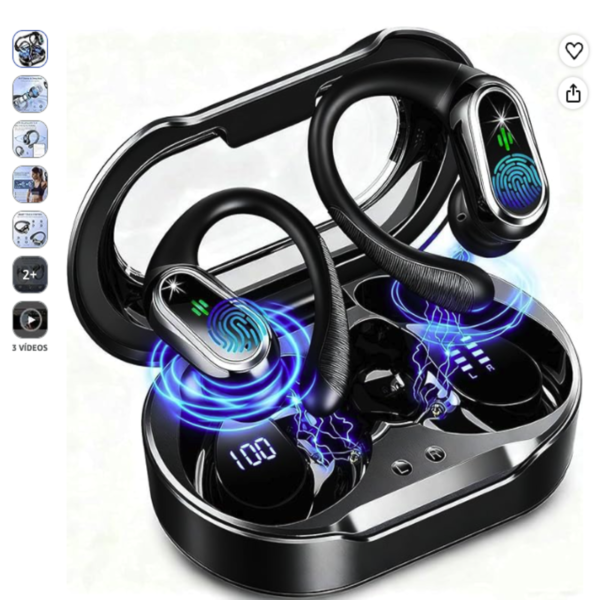 Auriculares inalámbricos bluetooth deportivos de la marca Rolosar con ganchos de sujeción negros dentro de su estuche de carga con pantalla LED