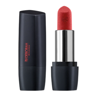 Barra de labios Milano Red Mat Deborah Milano 3 de Acabado Mate Barra de labios Milano Red Mat Deborah Milano 3 abierta mostrando su tono rojo mate aterciopelado con grabado del logotipo y su envase negro