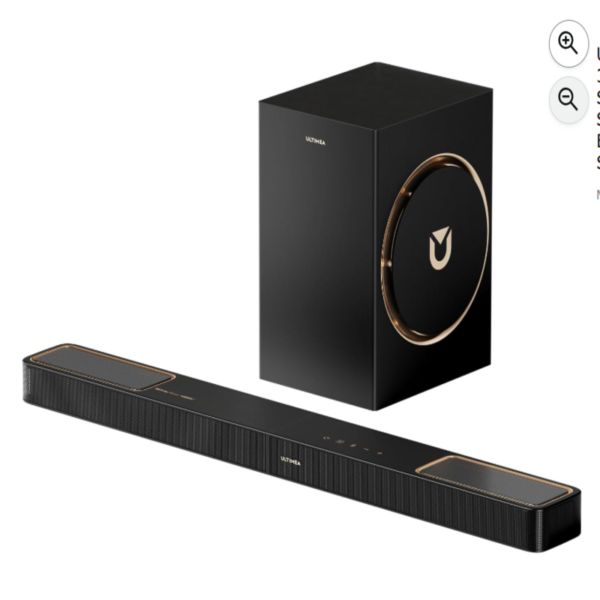 Elegante barra de sonido con subwoofer Ultimea Aura en color negro con detalles dorados.