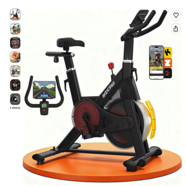 Bicicleta estática HXD-ERGO de color negro y rojo con monitor LCD