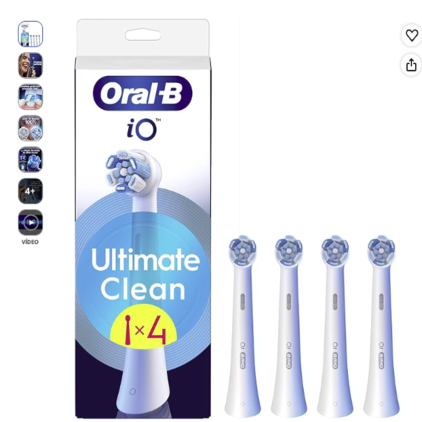 Pack de 4 cabezales de recambio Oral-B iO Ultimate Clean originales de color blanco junto a su caja oficial.