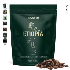 Café en grano Incapto Etiopía 100% Arábica Paquete de 1kg de café en grano Incapto Etiopía