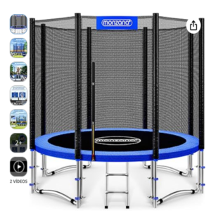 Cama elástica Monzana set completo de salto para jardín Cama elástica Monzana de jardín con red de seguridad perimetral negra, borde azul acolchado y escalera metálica.