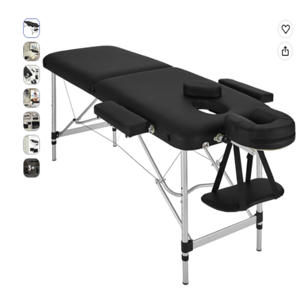 Camilla de masaje plegable profesional tectake en color negro con estructura de aluminio y accesorios ergonómicos.