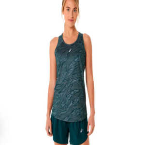Camiseta Asics Road Aop Singlet running mujer Camiseta Asics Road Aop Singlet de tirantes para mujer en color verde con estampado técnico