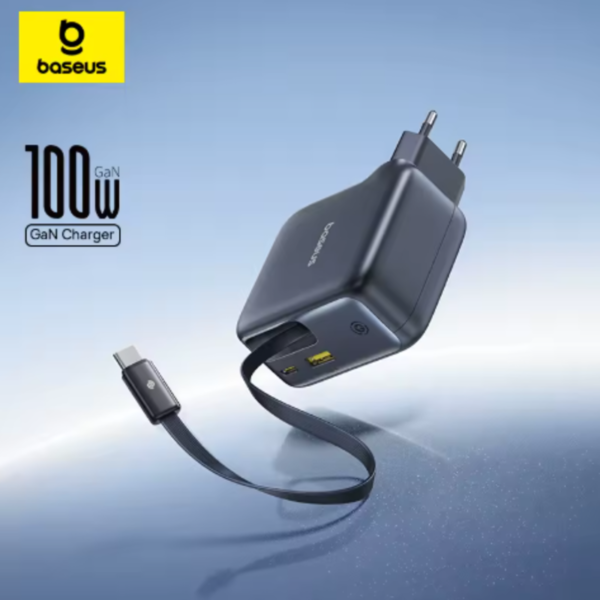 Cargador Baseus 100W GaN con cable USB-C retráctil