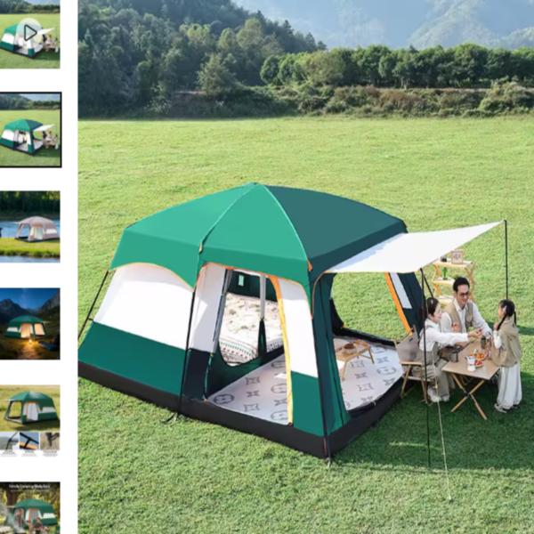 Carpa de camping familiar verde con dos dormitorios y sala de estar para varias personas