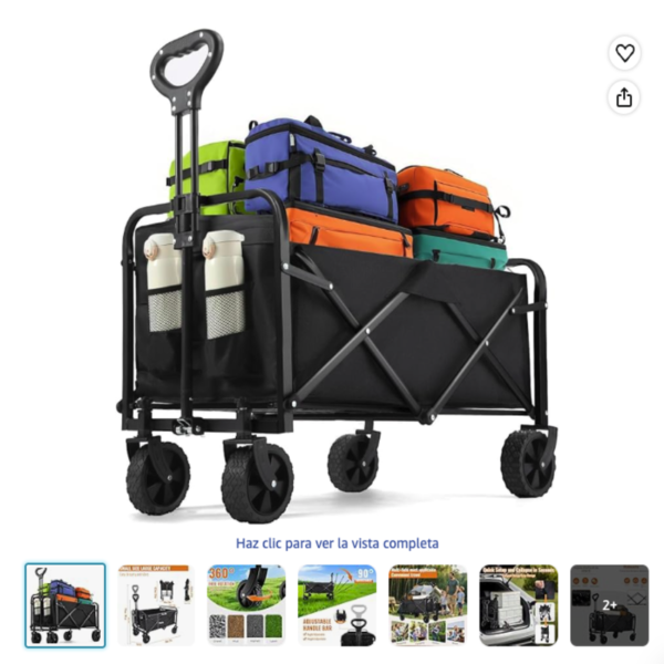 Carro plegable Purova color negro con soportes para bebidas y ruedas 360°