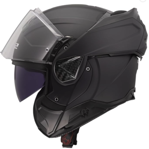 Casco moto modular LS2 Advant II en acabado negro mate con la visera transparente levantada.