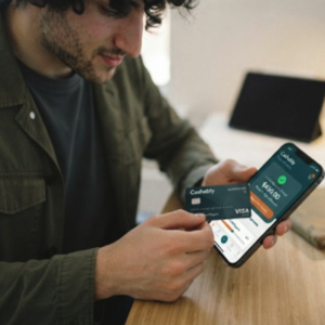 OFERTA ES: Controla tu Liquidez con Cashably - Herramientas para Negocios y Freelancers en EE. UU. A US independent contractor using Cashably financial tools on his phone, with the physical debit card resting on the screen, featured on OFERTA ES.