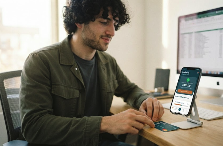 Herramientas financieras Cashably: Guía para trabajadores en EE. UU. 7 A US independent contractor using the Cashably financial tools app on his phone with a clear view of the card and a complex spreadsheet on his computer in the background, featured on OFERTA ES.