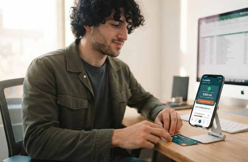 Herramientas financieras Cashably: Guía para trabajadores en EE. UU. 1 A US independent contractor using the Cashably financial tools app on his phone with a clear view of the card and a complex spreadsheet on his computer in the background, featured on OFERTA ES.