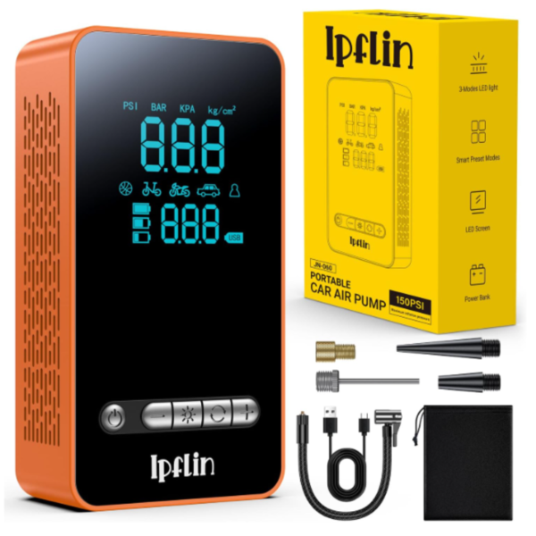 Compresor de aire portátil Ipflin JN-560 de color naranja de 150 PSI con accesorios de inflado.