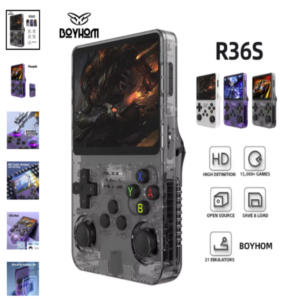 Consola de videojuegos portátil retro R36S de color gris translúcido con pantalla encendida