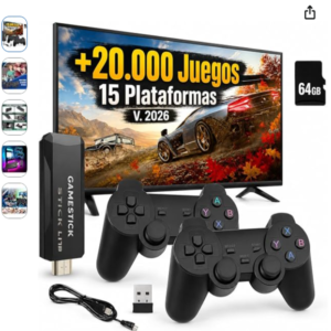 Consola de videojuegos retro 2026 con mandos inalámbricos y tarjeta 64GB