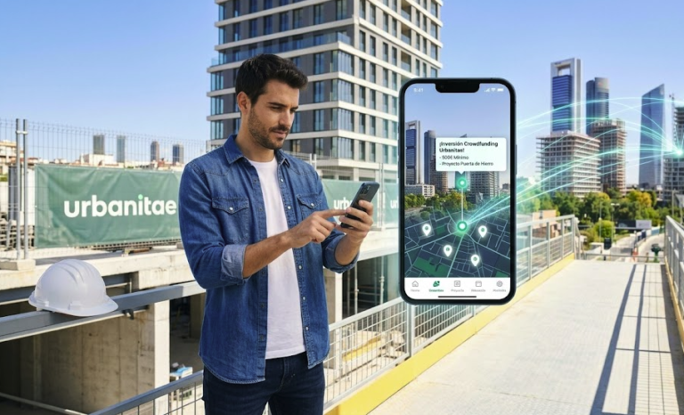Inversión inmobiliaria en España: Guía completa con Urbanitae 3 Un hombre joven revisando la aplicación de Urbanitae junto a una obra en construcción con rascacielos de Madrid al fondo.