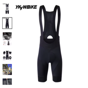 Culote corto de ciclismo YKYWBIKE con tirantes para hombre Vista frontal y trasera del culote corto de ciclismo YKYWBIKE con badana y tirantes de malla