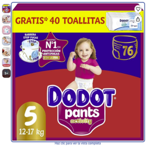 Dodot Pañal-Braguita Activity Pants Talla 5 en oferta Paquete de Dodot Pañal-Braguita Activity Pants Talla 5 con 76 unidades y regalo de toallitas